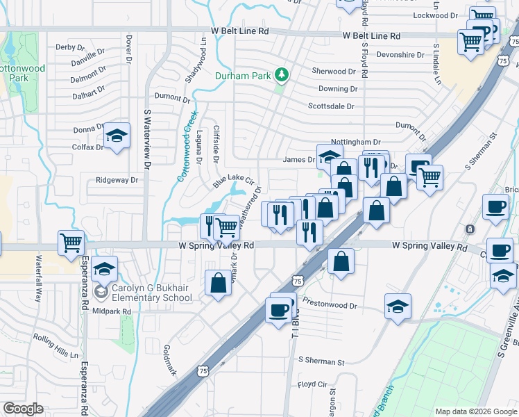 map of restaurants, bars, coffee shops, grocery stores, and more near 919 South Weatherred Drive in Richardson