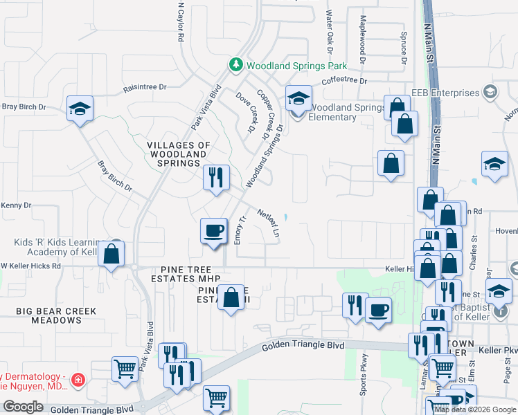 map of restaurants, bars, coffee shops, grocery stores, and more near 11709 Netleaf Lane in Fort Worth
