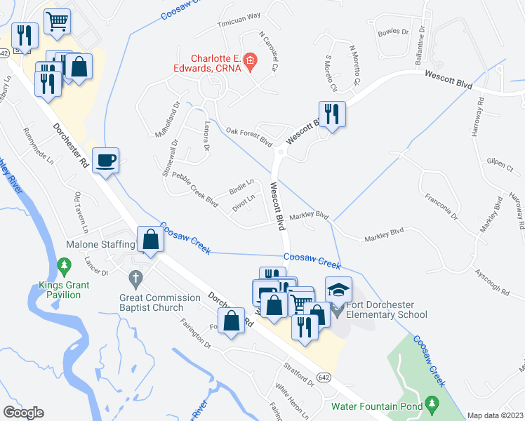 map of restaurants, bars, coffee shops, grocery stores, and more near 5113 Birdie Lane in Summerville