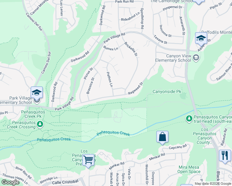 map of restaurants, bars, coffee shops, grocery stores, and more near 12367 Ragweed Street in San Diego