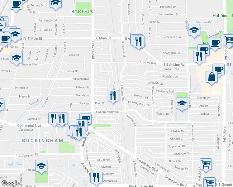 map of restaurants, bars, coffee shops, grocery stores, and more near 519 Towne House Lane in Richardson