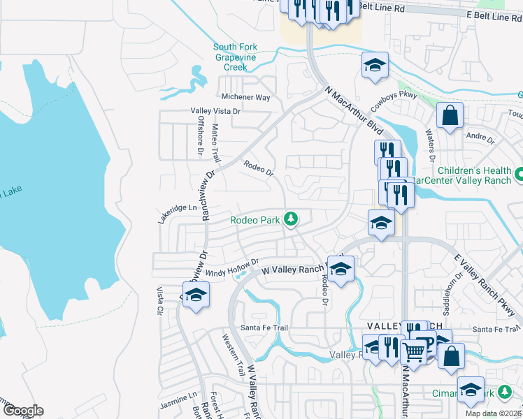 map of restaurants, bars, coffee shops, grocery stores, and more near Cliffside Drive in Irving
