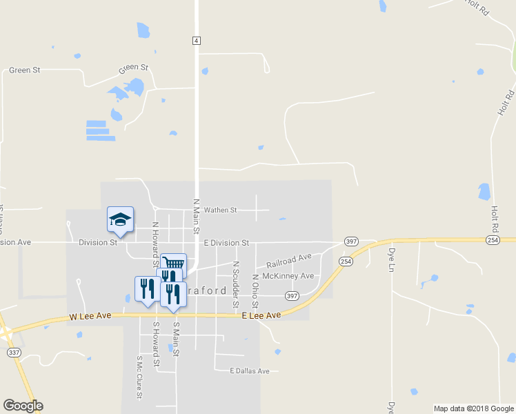 map of restaurants, bars, coffee shops, grocery stores, and more near 301 Wathen Street in Graford