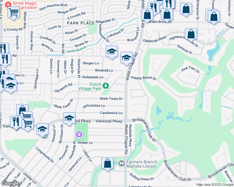 map of restaurants, bars, coffee shops, grocery stores, and more near 3047 Mark Twain Drive in Farmers Branch