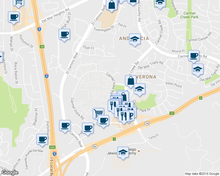 map of restaurants, bars, coffee shops, grocery stores, and more near 3776 Carmel View Road in San Diego