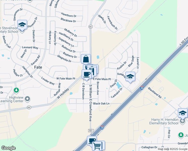 map of restaurants, bars, coffee shops, grocery stores, and more near 111 West Fate Main Place in Fate