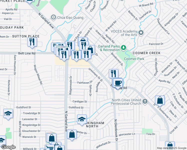 map of restaurants, bars, coffee shops, grocery stores, and more near 1009 Fairhaven Drive in Garland