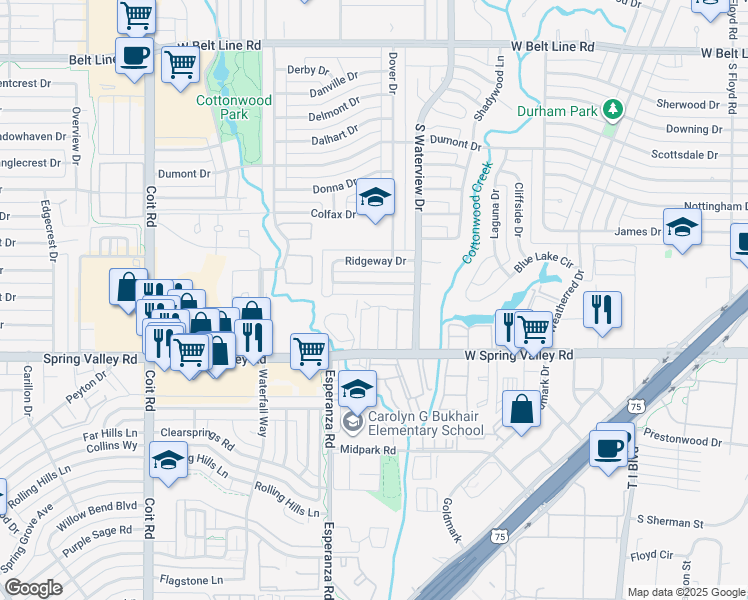 map of restaurants, bars, coffee shops, grocery stores, and more near 911 Spring Valley Plaza in Richardson