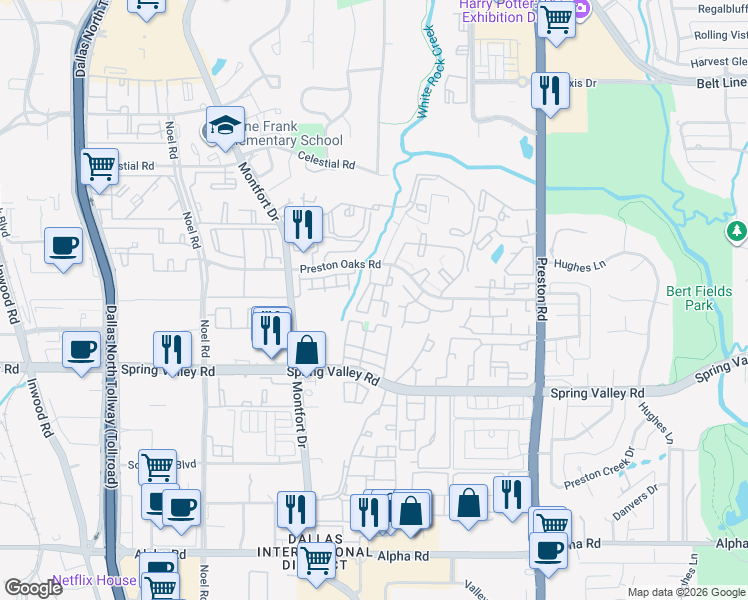 map of restaurants, bars, coffee shops, grocery stores, and more near 5800 Preston Oaks Road in Dallas
