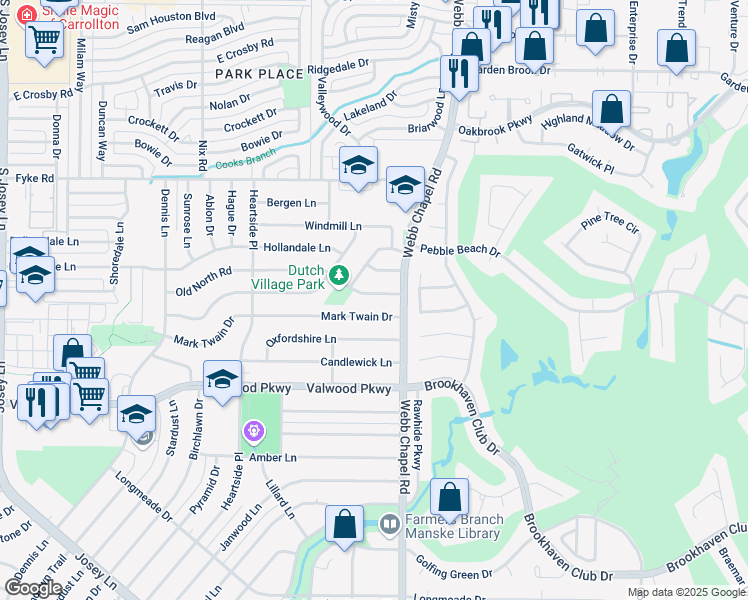 map of restaurants, bars, coffee shops, grocery stores, and more near 3047 Mark Twain Drive in Farmers Branch