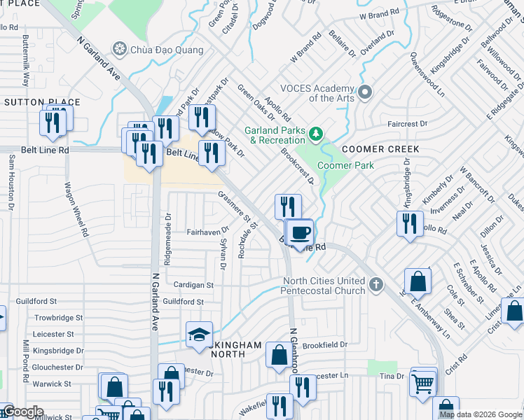 map of restaurants, bars, coffee shops, grocery stores, and more near 2702 Grasmere Street in Garland