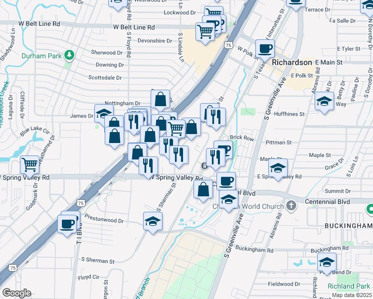map of restaurants, bars, coffee shops, grocery stores, and more near 801 South Sherman Street in Richardson