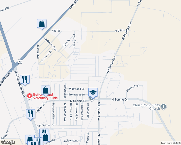 map of restaurants, bars, coffee shops, grocery stores, and more near 557 Tierra Bella Drive in Alamogordo