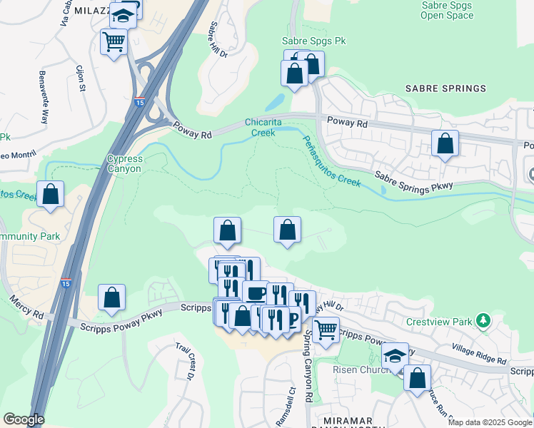 map of restaurants, bars, coffee shops, grocery stores, and more near 10636 Scripps Summit Court in San Diego