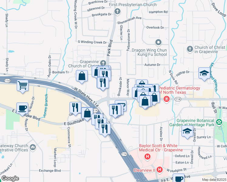 map of restaurants, bars, coffee shops, grocery stores, and more near 101 Brookside Drive in Grapevine