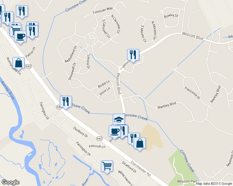 map of restaurants, bars, coffee shops, grocery stores, and more near 5112 Birdie Lane in Summerville