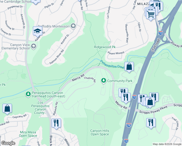map of restaurants, bars, coffee shops, grocery stores, and more near 9535 Chabola Road in San Diego