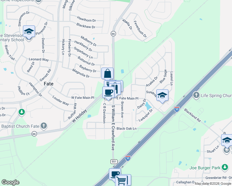map of restaurants, bars, coffee shops, grocery stores, and more near 113 East Fate Main Place in Rockwall