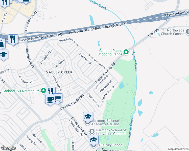 map of restaurants, bars, coffee shops, grocery stores, and more near 2206 Oak Meadow Circle in Garland
