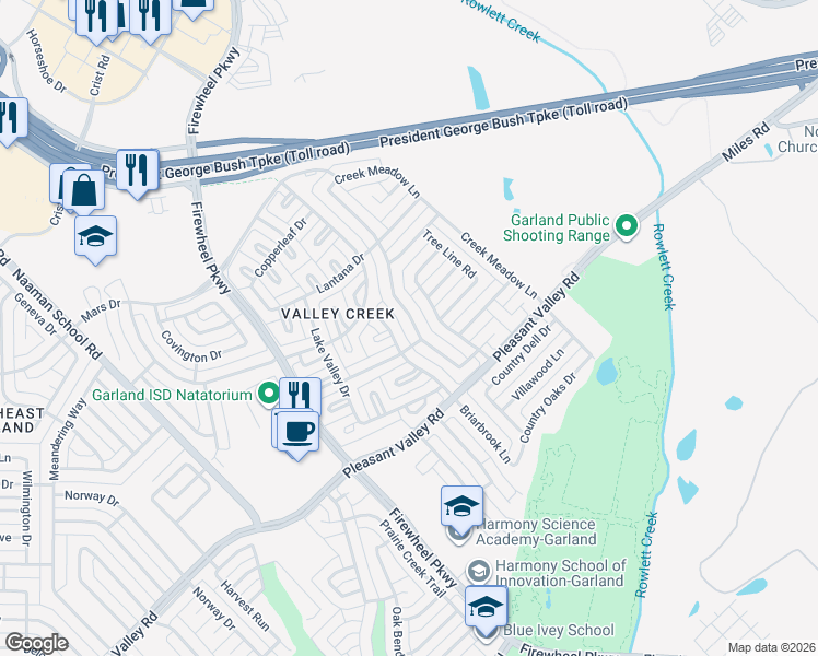 map of restaurants, bars, coffee shops, grocery stores, and more near 2021 Village Creek Drive in Garland