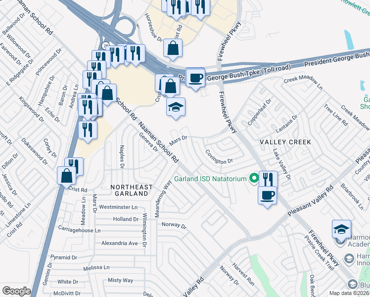 map of restaurants, bars, coffee shops, grocery stores, and more near 2710 Serena Court in Garland