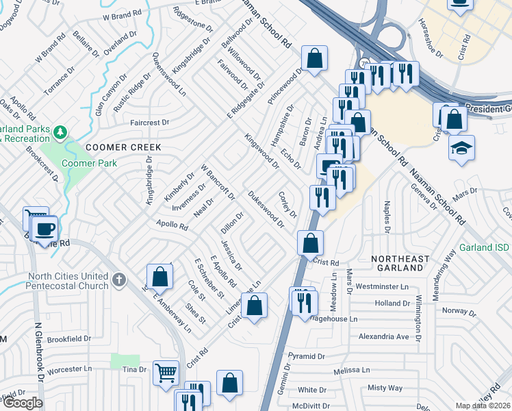 map of restaurants, bars, coffee shops, grocery stores, and more near 2810 Dukeswood Drive in Garland