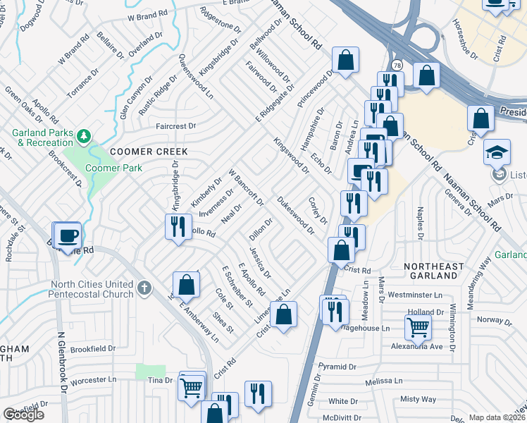 map of restaurants, bars, coffee shops, grocery stores, and more near 2530 Dillon Drive in Garland