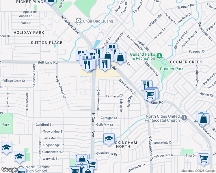 map of restaurants, bars, coffee shops, grocery stores, and more near 2609 Wedgemere Drive in Garland