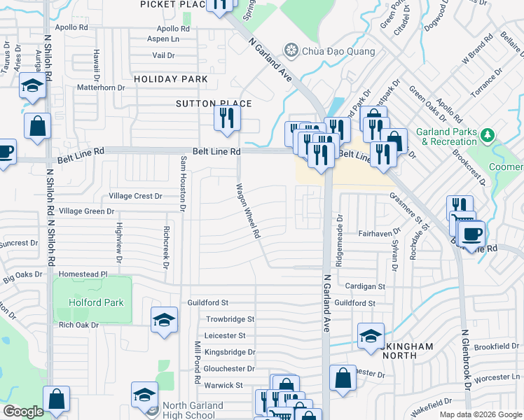 map of restaurants, bars, coffee shops, grocery stores, and more near 1625 Indian School Road in Garland