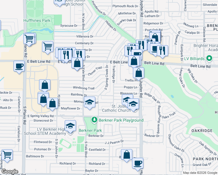 map of restaurants, bars, coffee shops, grocery stores, and more near 404 Trailridge Drive in Richardson
