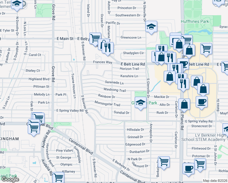 map of restaurants, bars, coffee shops, grocery stores, and more near 1101 Rainbow Drive in Richardson