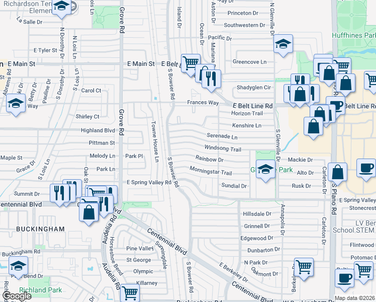map of restaurants, bars, coffee shops, grocery stores, and more near 810 Rainbow Drive in Richardson