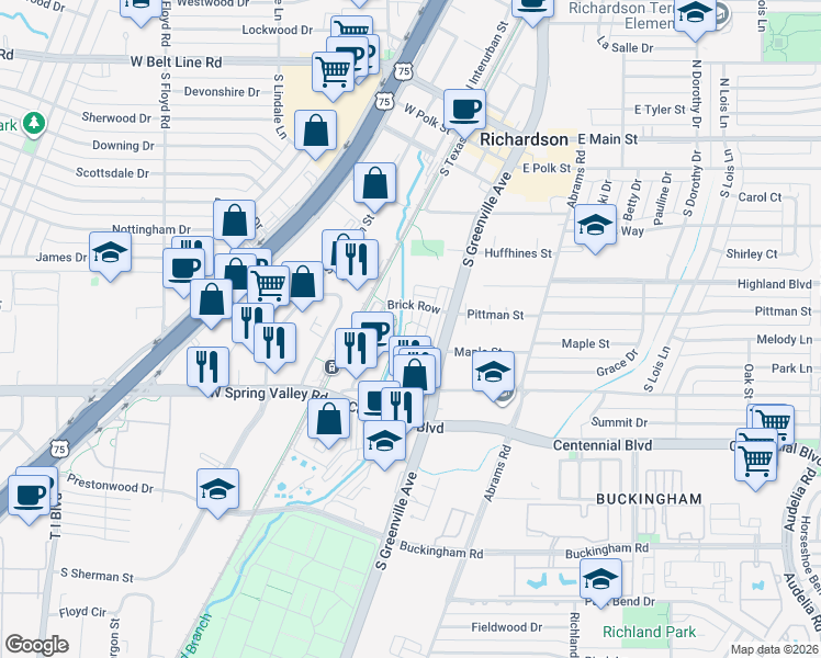 map of restaurants, bars, coffee shops, grocery stores, and more near 181 East Spring Valley Road in Richardson