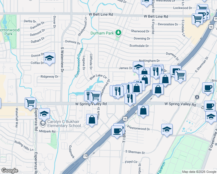 map of restaurants, bars, coffee shops, grocery stores, and more near 919 South Weatherred Drive in Richardson