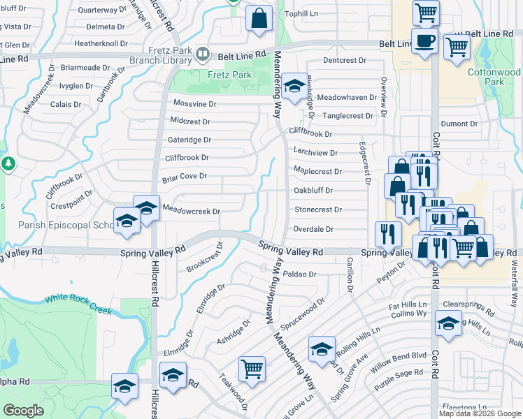 map of restaurants, bars, coffee shops, grocery stores, and more near 14127 Valley Creek Drive in Dallas