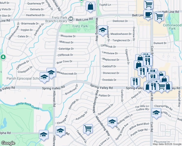 map of restaurants, bars, coffee shops, grocery stores, and more near 14127 Valley Creek Drive in Dallas