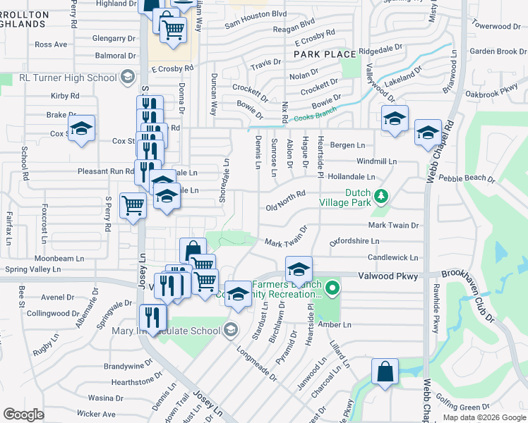 map of restaurants, bars, coffee shops, grocery stores, and more near 14221 Dennis Lane in Farmers Branch