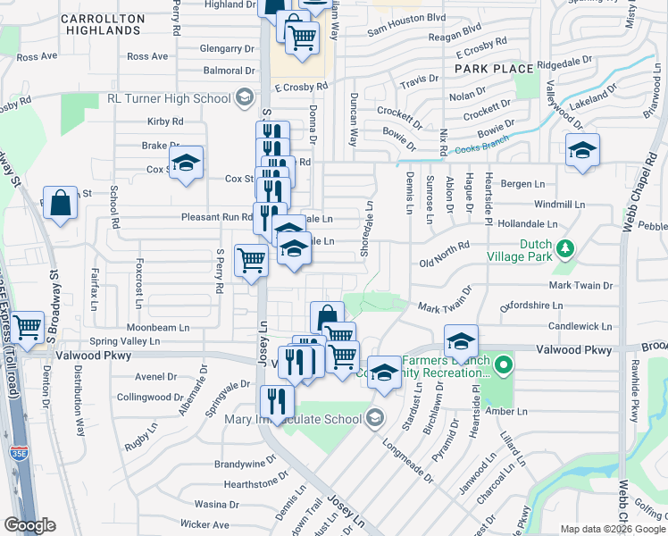 map of restaurants, bars, coffee shops, grocery stores, and more near 2775 Cookscreek Place in Farmers Branch