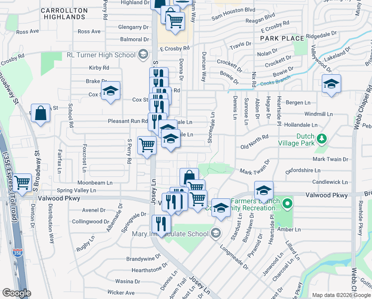 map of restaurants, bars, coffee shops, grocery stores, and more near 2749 Cookscreek Place in Farmers Branch