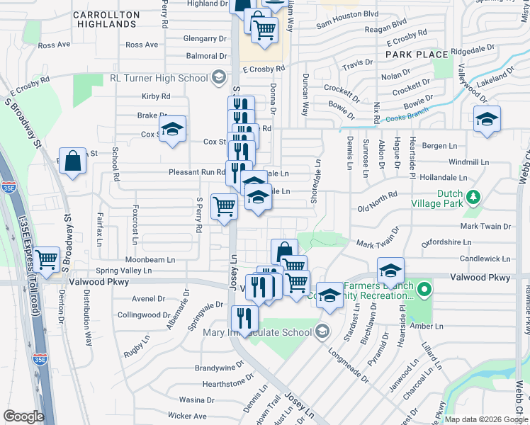 map of restaurants, bars, coffee shops, grocery stores, and more near 2749 Cookscreek Place in Farmers Branch