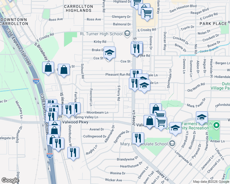 map of restaurants, bars, coffee shops, grocery stores, and more near 1855 Wintergreen Road in Carrollton