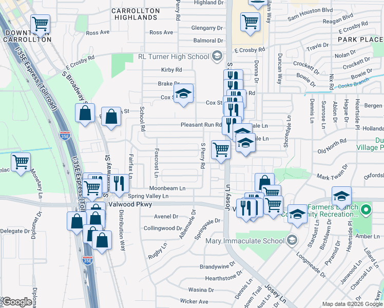 map of restaurants, bars, coffee shops, grocery stores, and more near 1843 Wintergreen Road in Carrollton