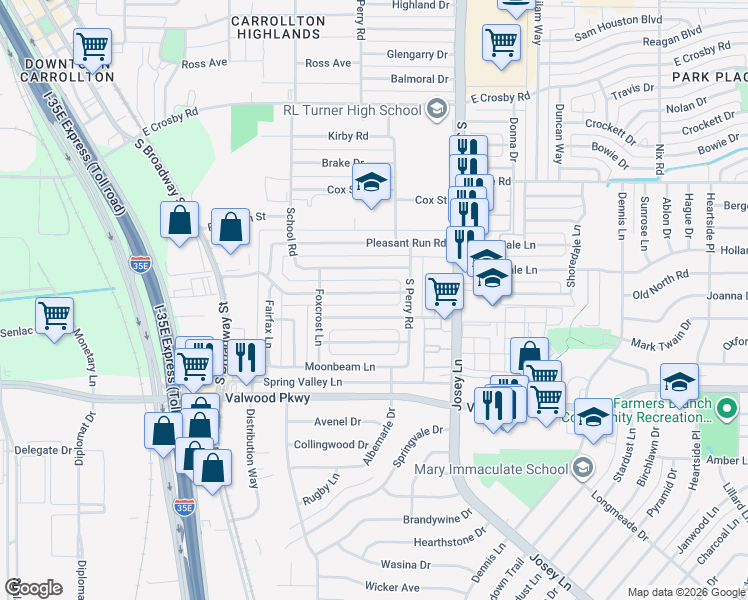 map of restaurants, bars, coffee shops, grocery stores, and more near 1843 Wintergreen Road in Carrollton