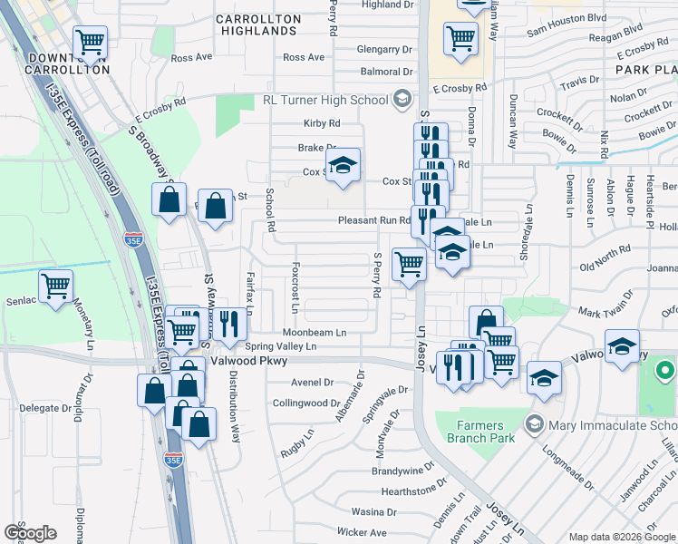 map of restaurants, bars, coffee shops, grocery stores, and more near 1843 Wintergreen Road in Carrollton