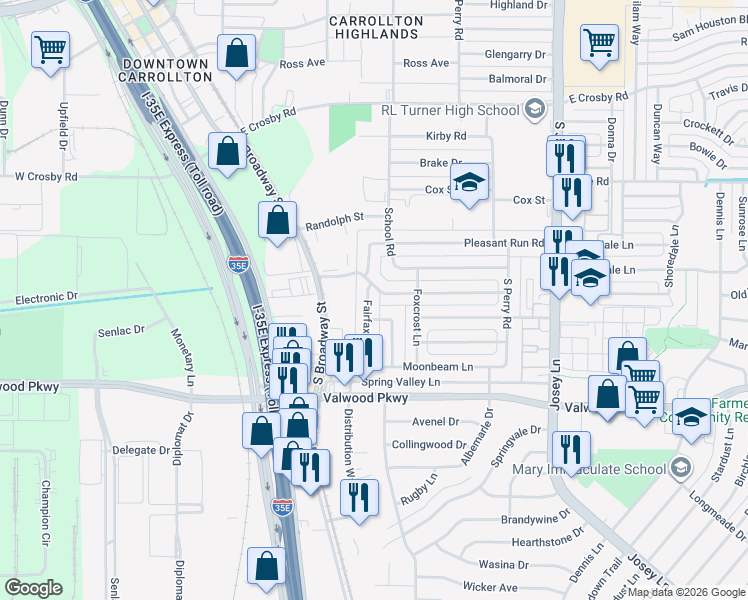 map of restaurants, bars, coffee shops, grocery stores, and more near 1814 Fairfax Lane in Carrollton