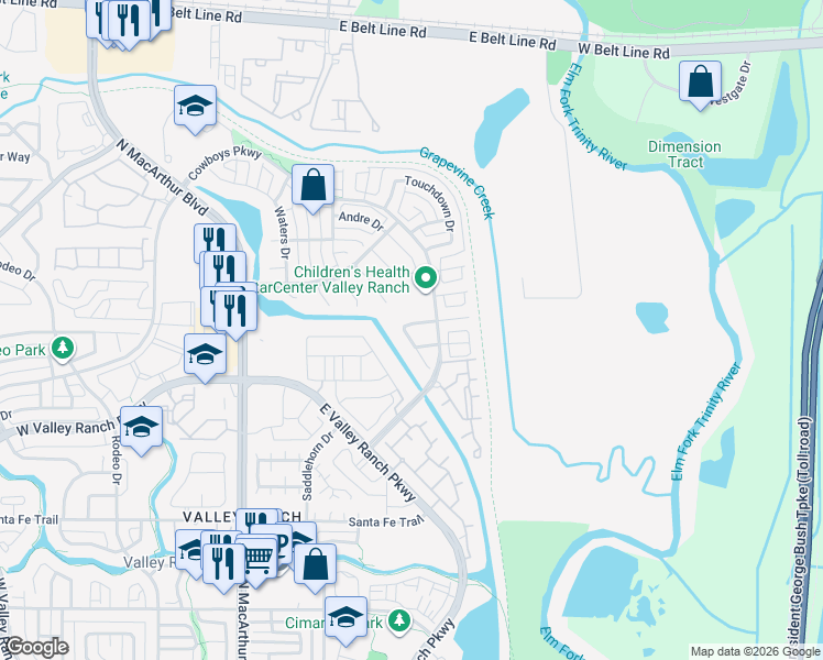 map of restaurants, bars, coffee shops, grocery stores, and more near 104 Meredith Drive in Irving