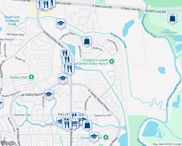 map of restaurants, bars, coffee shops, grocery stores, and more near 9942 Tolbert Street in Irving