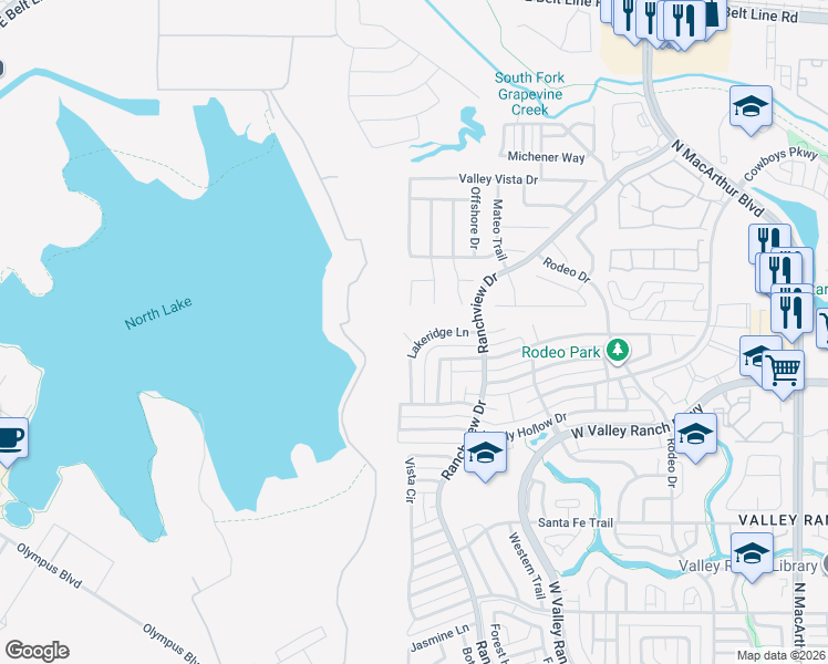 map of restaurants, bars, coffee shops, grocery stores, and more near 9901 Lakeridge Court in Irving