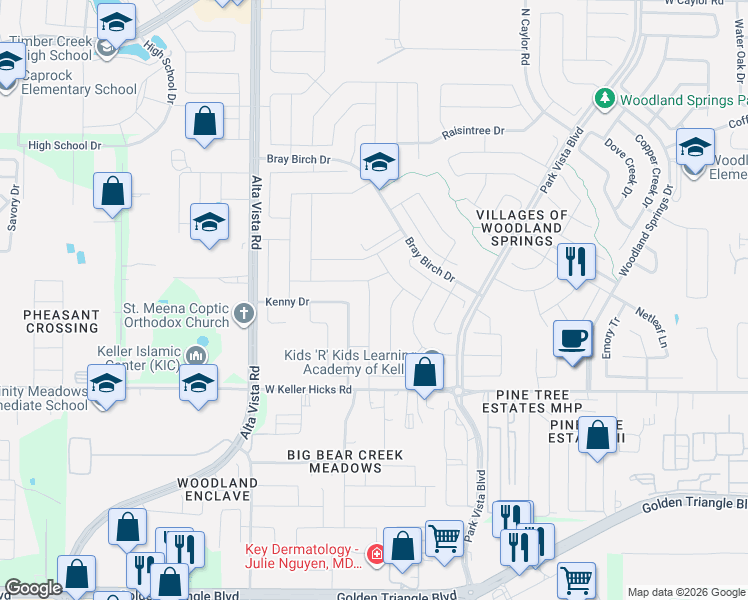 map of restaurants, bars, coffee shops, grocery stores, and more near 11625 Pheasant Creek Drive in Fort Worth