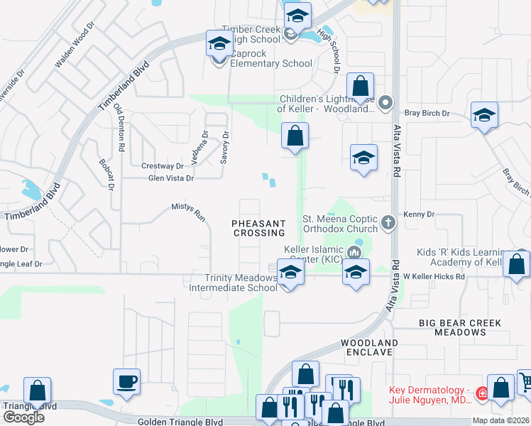 map of restaurants, bars, coffee shops, grocery stores, and more near 11429 Ridgeview Circle in Fort Worth